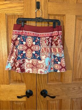 Johnny Was active Burgundy and Blue Patchwork Mini Skort